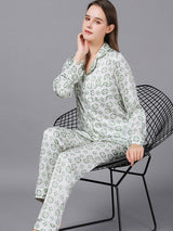 Satin Pocket Print Shirt Pajamas Set