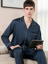 Satin Solid Mens Shirt Pajamas Set