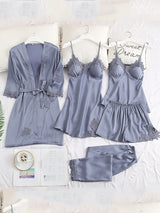 5pcs Solid Lace Silk Satin Pajama Set