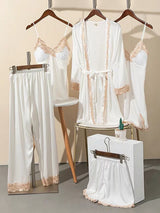 5pcs Lace Stitching Silk Satin Pajama Set