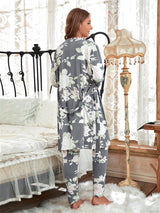 3pcs Floral Print Belted Pants Robe Set - Kafiloe