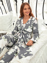 3pcs Floral Print Belted Pants Robe Set - Kafiloe