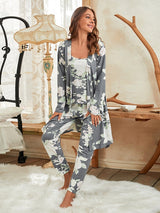 3pcs Floral Print Belted Pants Robe Set - Kafiloe