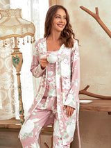 3pcs Floral Print Belted Pants Robe Set - Kafiloe