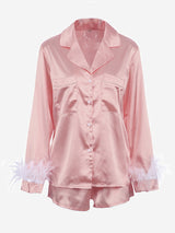 2Pcs Long Sleeve Silk Satin Button Collar Pajamas