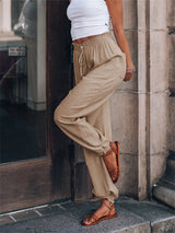 Drawstring Elastic Waist Linen Pants - Kafiloe