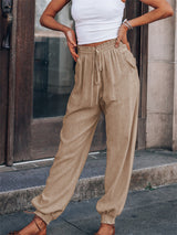 Drawstring Elastic Waist Linen Pants - Kafiloe