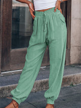 Drawstring Elastic Waist Linen Pants - Kafiloe